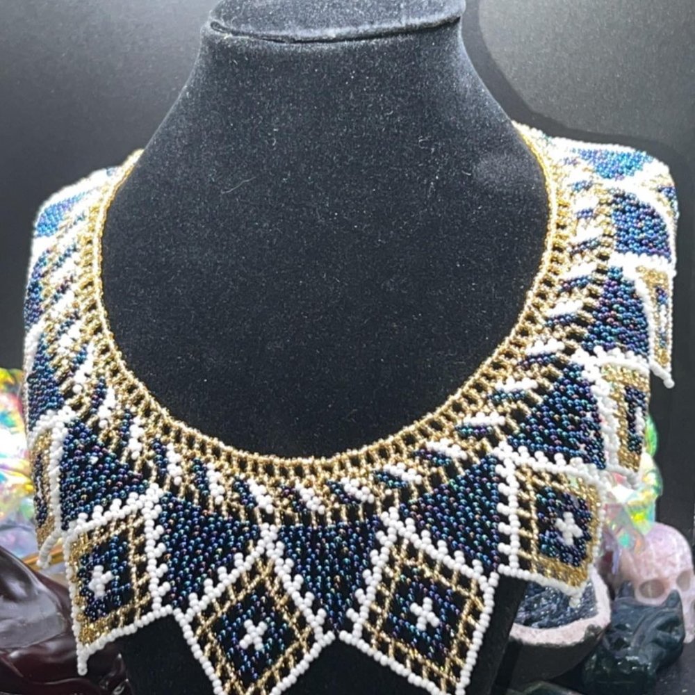 White, Blue , Iridescent & Gold Beaded Fleco Necklace from Chiapas Mexico